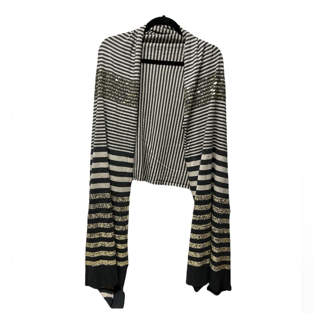 Striped gray and gold sequin embellished long open scarf 90”x28”